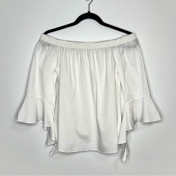 MINE Off-Shoulder Ruffle Cotton Top 3/4 Bell Sleeves Boho White Size Medium - Picture 1 of 14